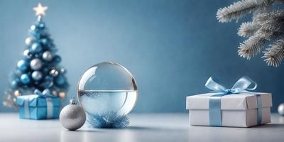 The primary subject of the image is a blue sphere, which is placed on a table. The setting is a blue background, and the visual style appears to be a photo. The colors and mood of the image are predominantly blue, creating a calm and serene atmosphere.